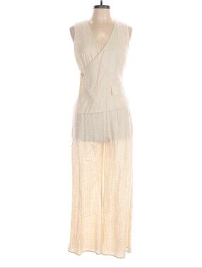 Aakaa Linen Blend Sleeveless Wrap Jumpsuit Cream Beige Wide Leg Large